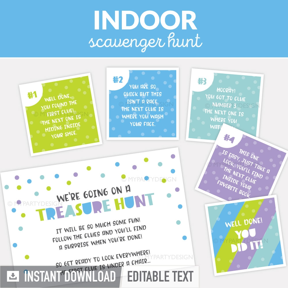 Indoor Scavenger Hunt Clues Printable Editable PDF My Party Design
