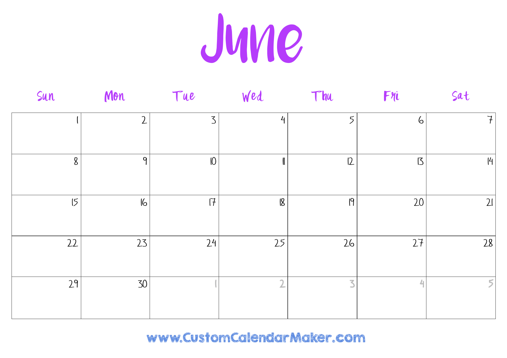 Printable June Calander You Can Edit