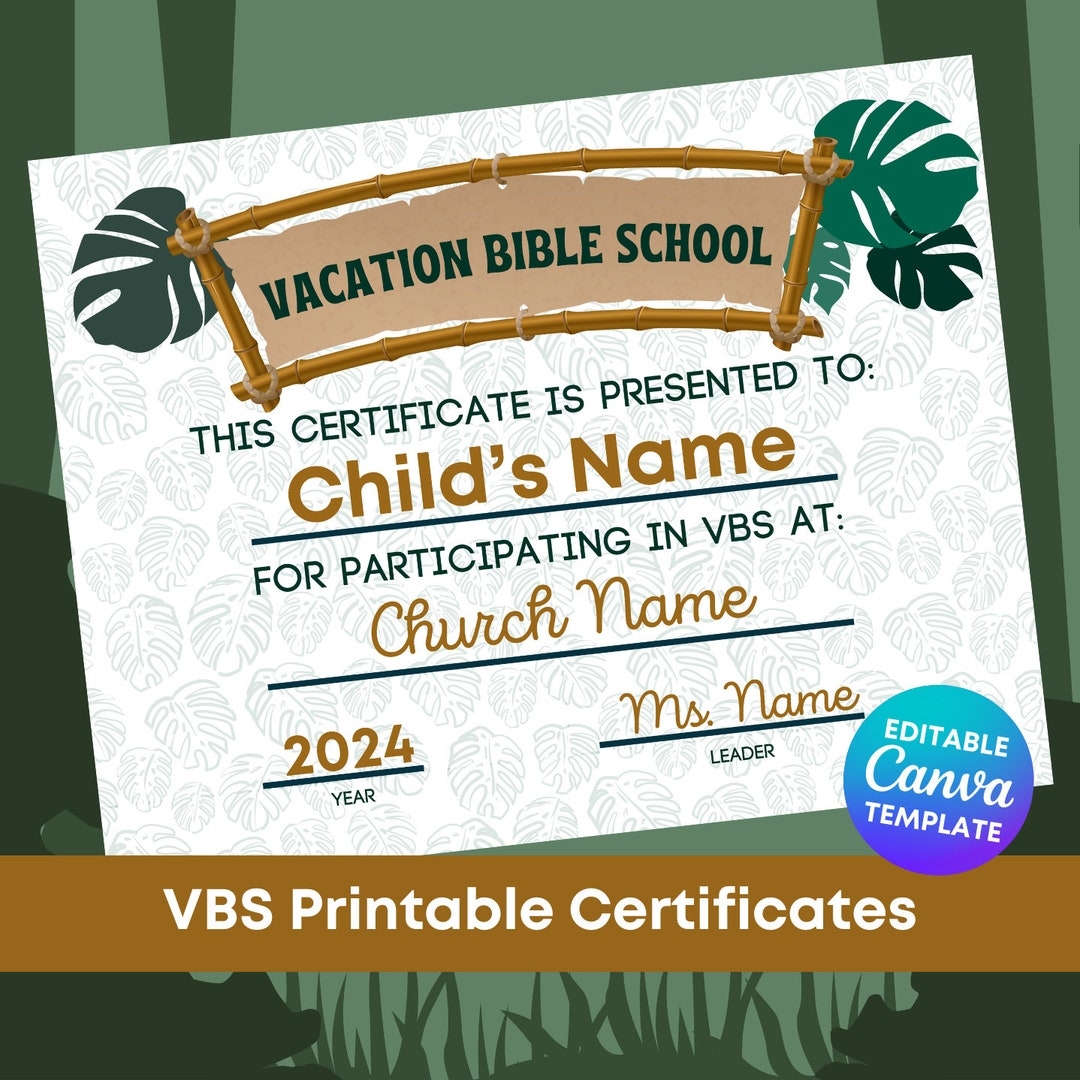 Jungle Vacation Bible School Certificate VBS Certificate Template Editable Printable Jungle Themed VBS Award Instant PDF Download Etsy