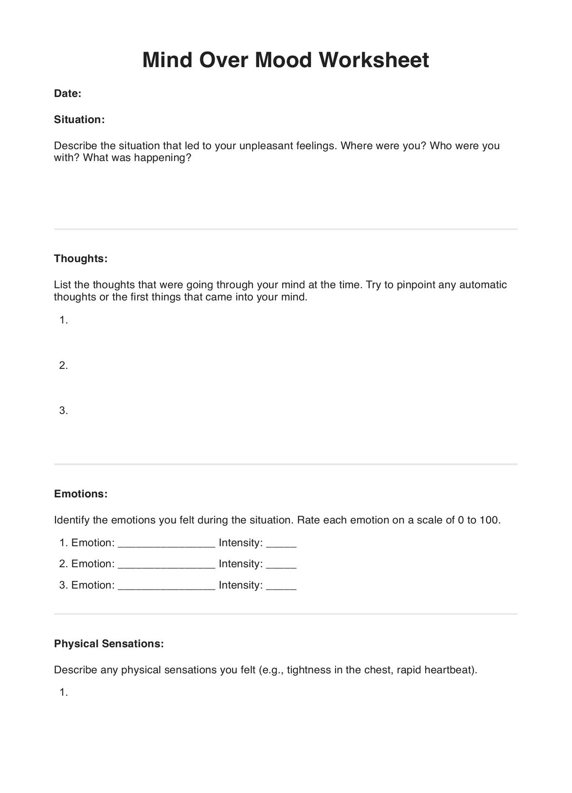 Mind Over Mood Worksheets Example Free PDF Download