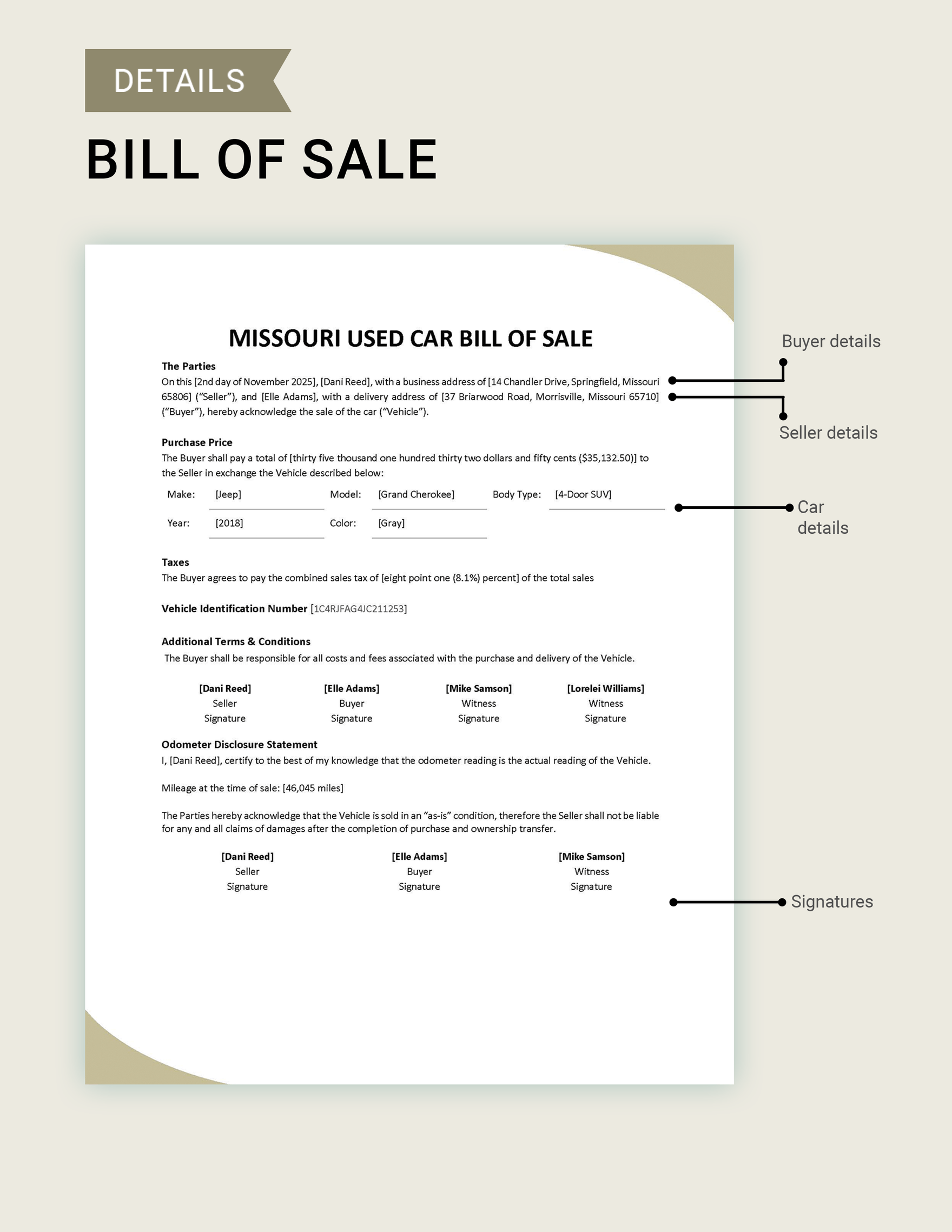 Missouri Used Car Bill Of Sale Form Template In Word PDF Google Docs Download Template