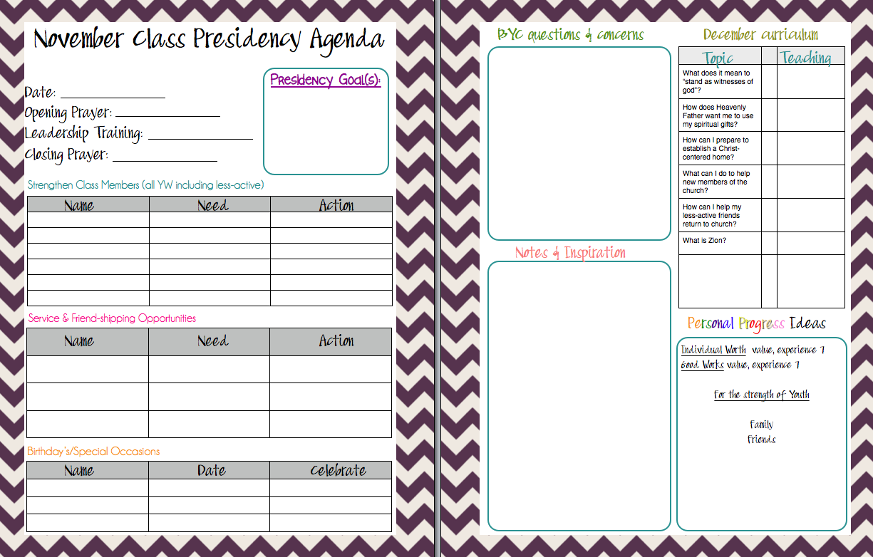 Lds Young Women Presidency Meeting Editable Printable Agenda