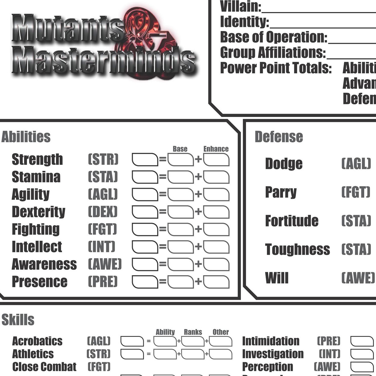 Mutants Masterminds Character Sheet
