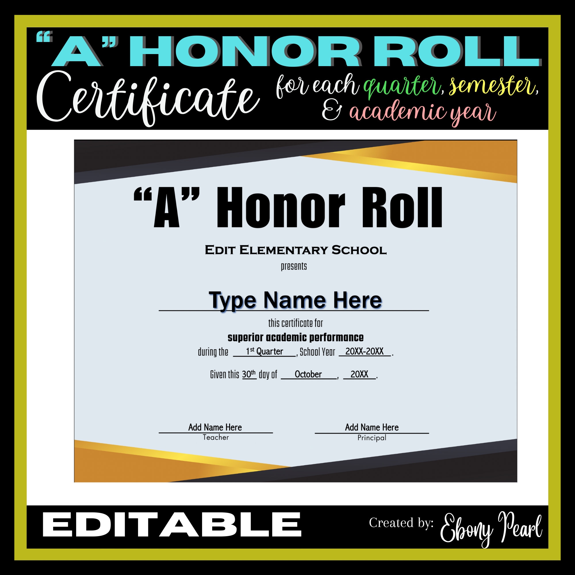 Free Editable Printable Principal Honor Roll Certificate