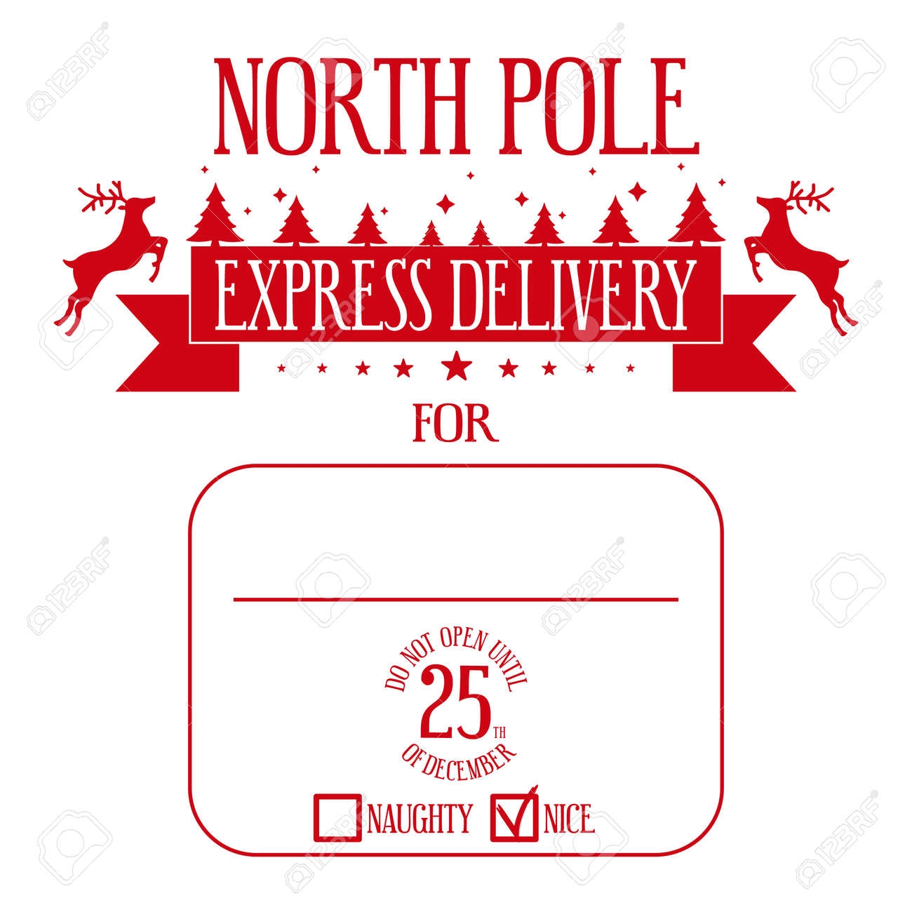 North Pole Express Delivery Xmas Design For A Personalized Gift Bag From Santa Claus Do Not Open Until 25th Of December Template For Christmas Handmade Gifts Vector Illustration Royalty Free SVG Cliparts 