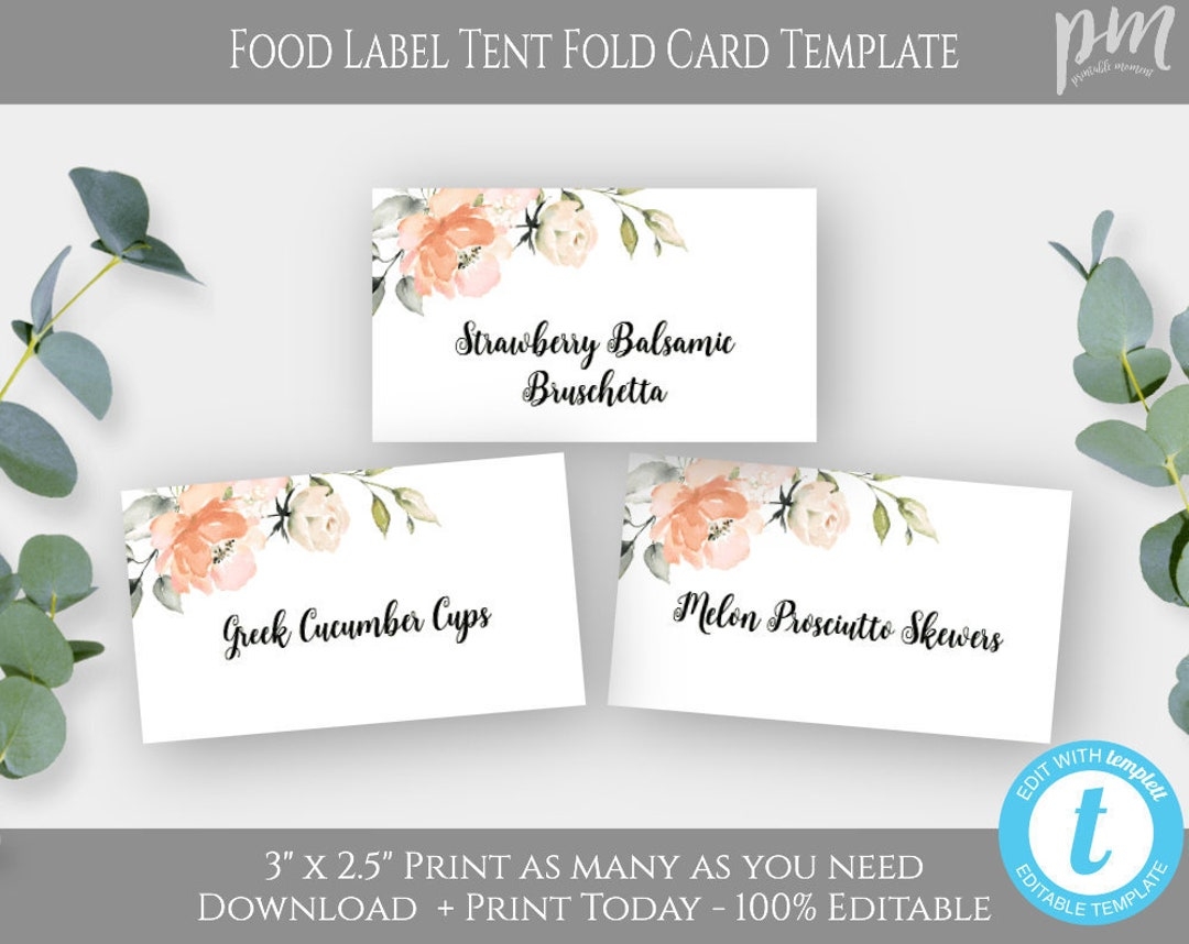 Peach Floral Tent Fold Food Labels Template Editable Food Cards Printable Food Table Tents Appetizer Food Label Instant Downloads WSB2 Etsy