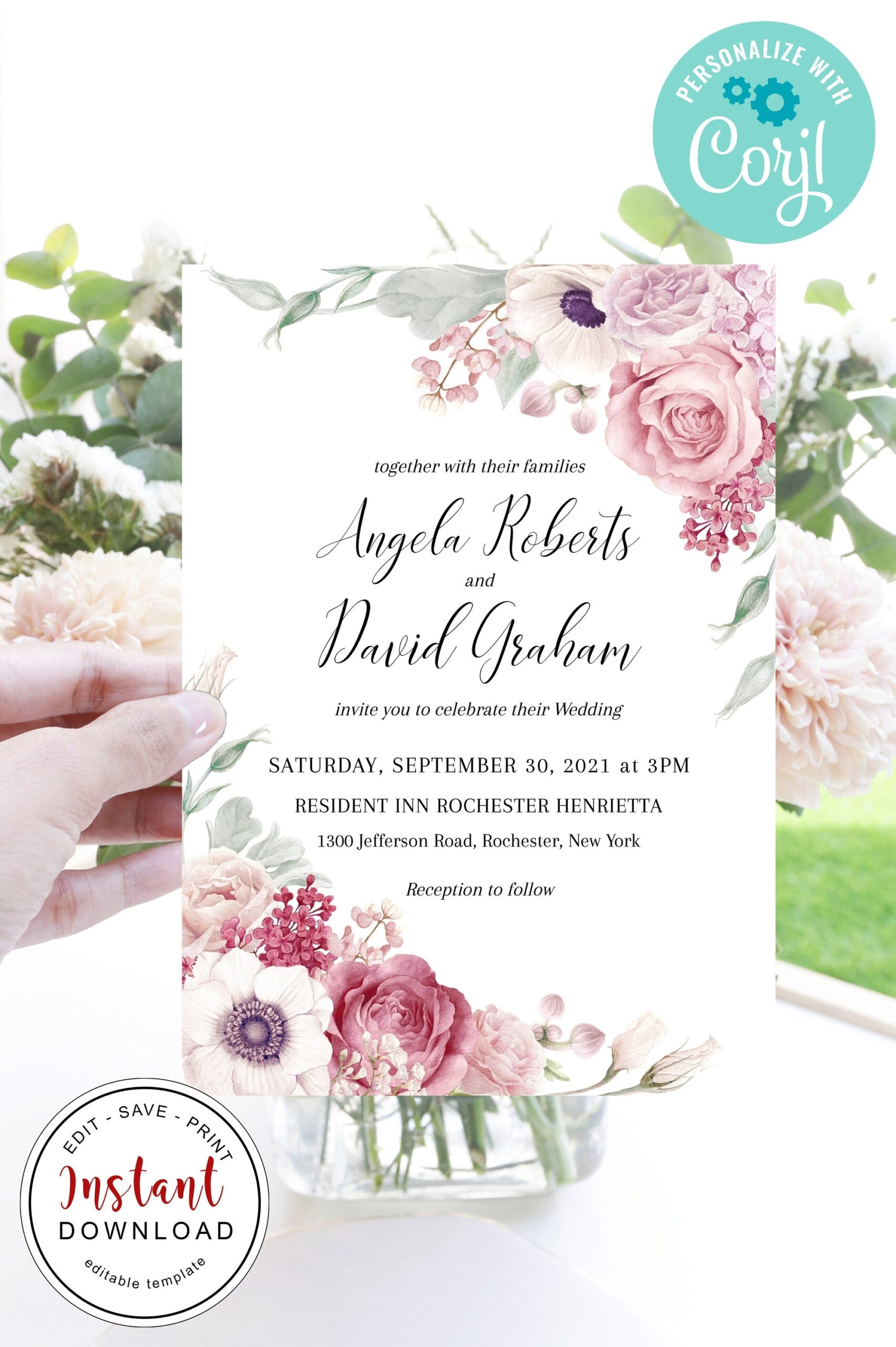 Pink Blush Mauve Editable Wedding Invitation mauve Blush Roses Editable Invitation mauve Flowers wedding Bridal Shower Bridal Invite C 061 Etsy