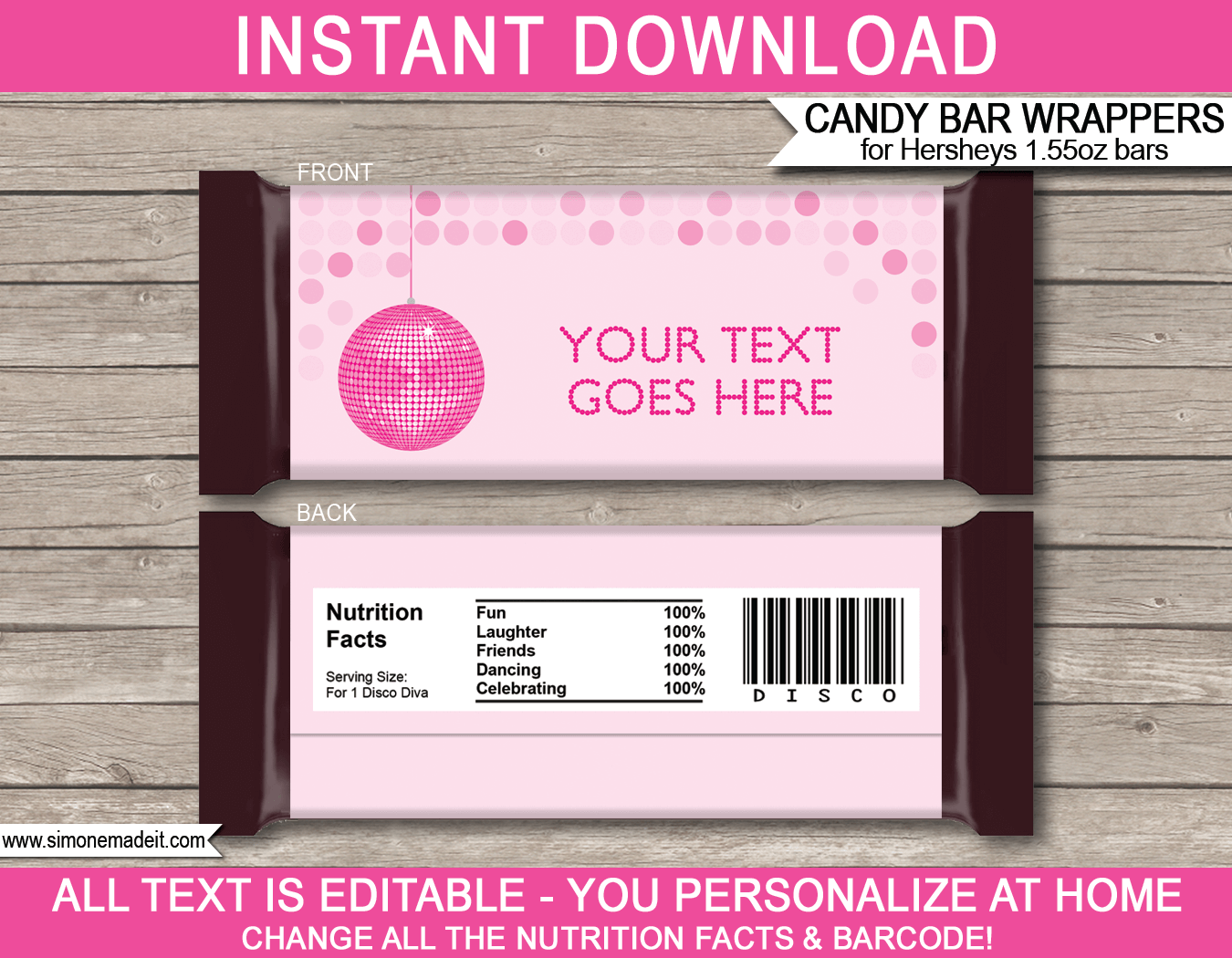 Pink Disco Hershey Candy Bar Wrappers Personalized Candy Bars
