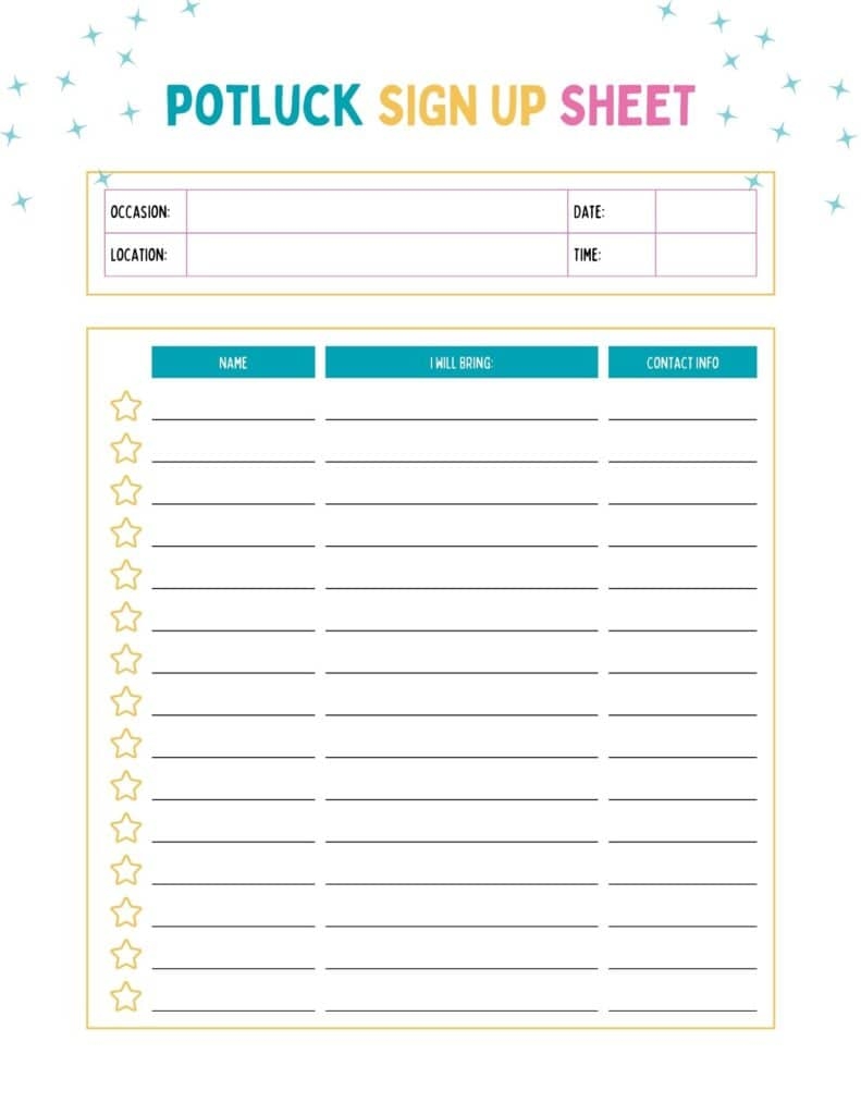 Printable Editable Potluck Sign Up Sheet