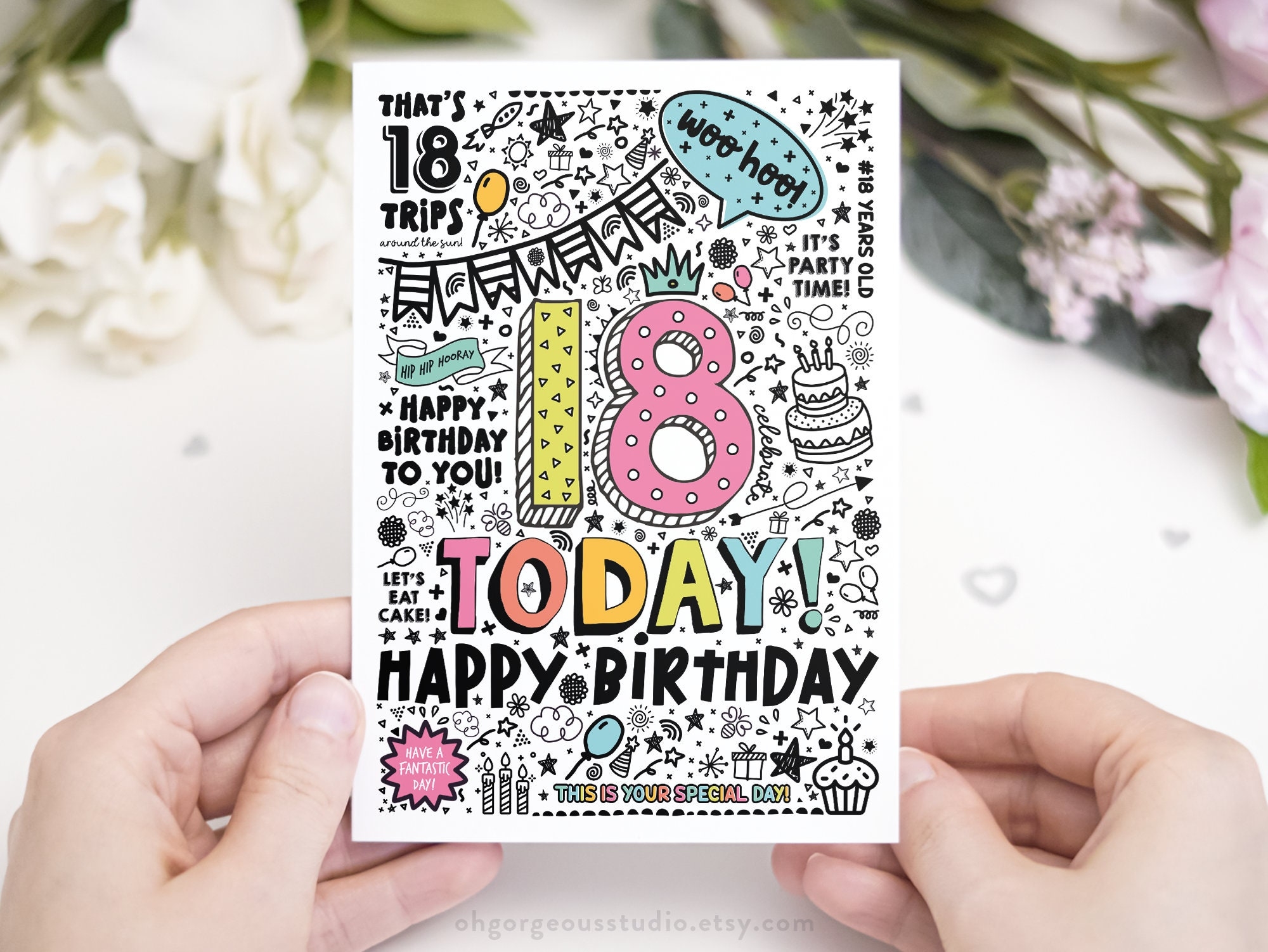 Printable 18th Birthday Card Instant Download Printable Card For 18th Birthday Digital Download Doodle Style Printable Birthday Card Etsy