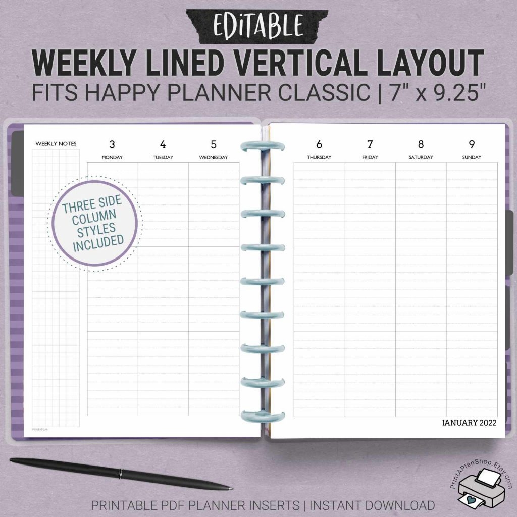 Printable And Editable Classic Happy Planner Insert Vertical Lined Layout