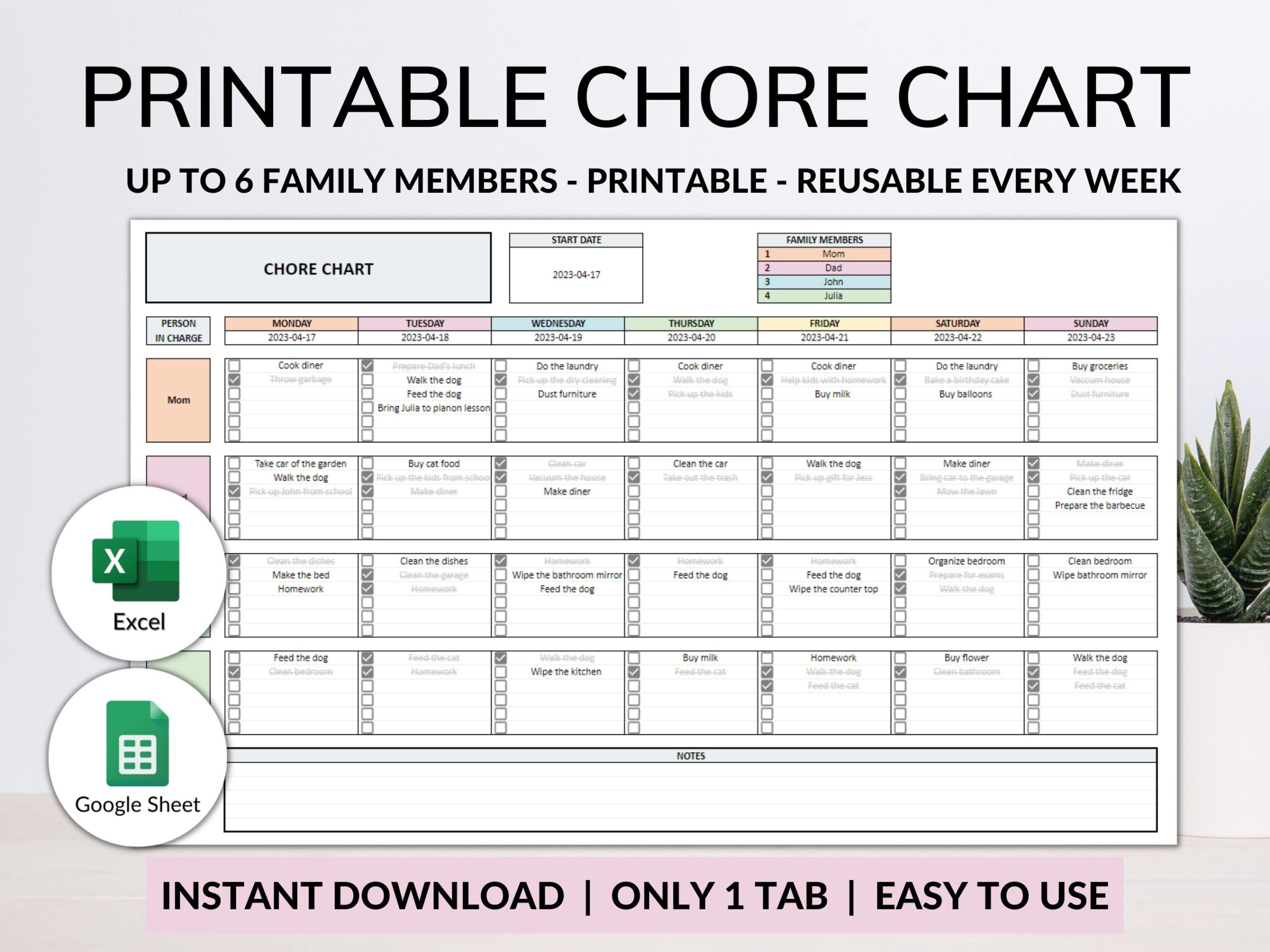 Printable Chore Chart Google Sheet Excel Template Planner Family Chore Cart Weekly Calendar Cleaning Checklist Daily Chore Chart For Kids Etsy
