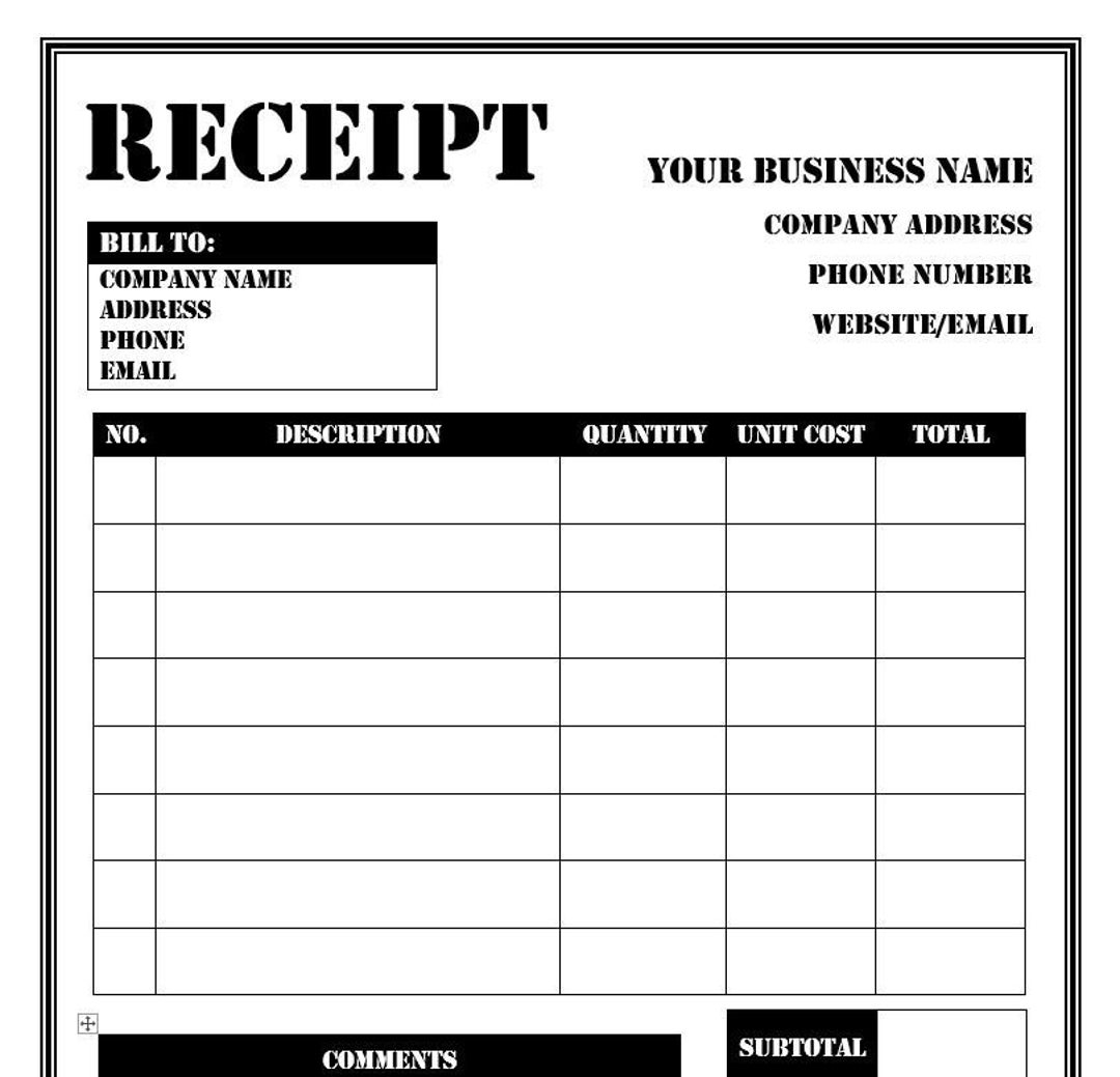 Printable Receipt Template Editable Microsoft Word Format digital Download Etsy