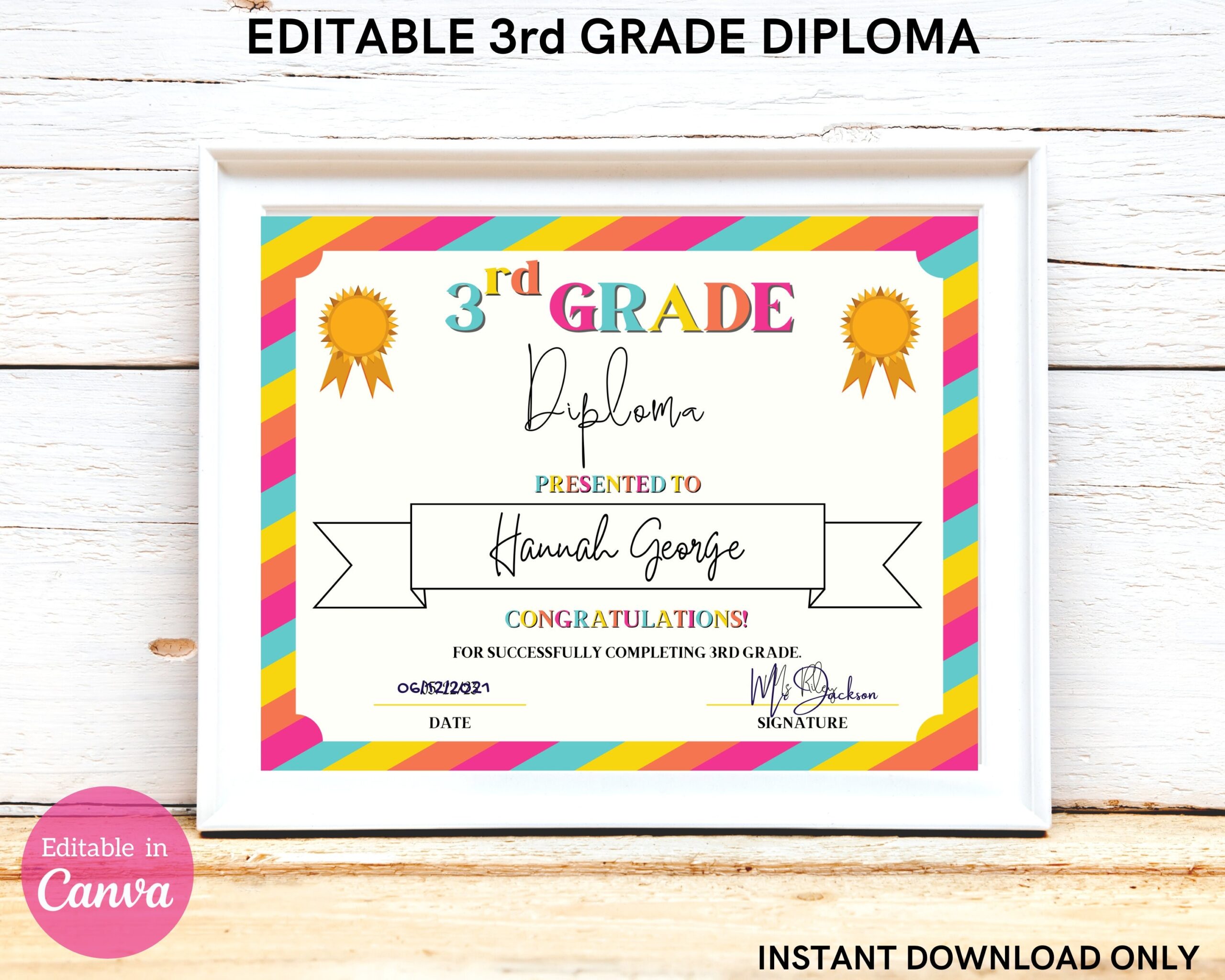 Rainbow 3rd Grade Diploma Certificate Printable End Of Year Elementary Graduation Edit All Text To Personalize DIGITAL DOWNLOAD ONLY Etsy