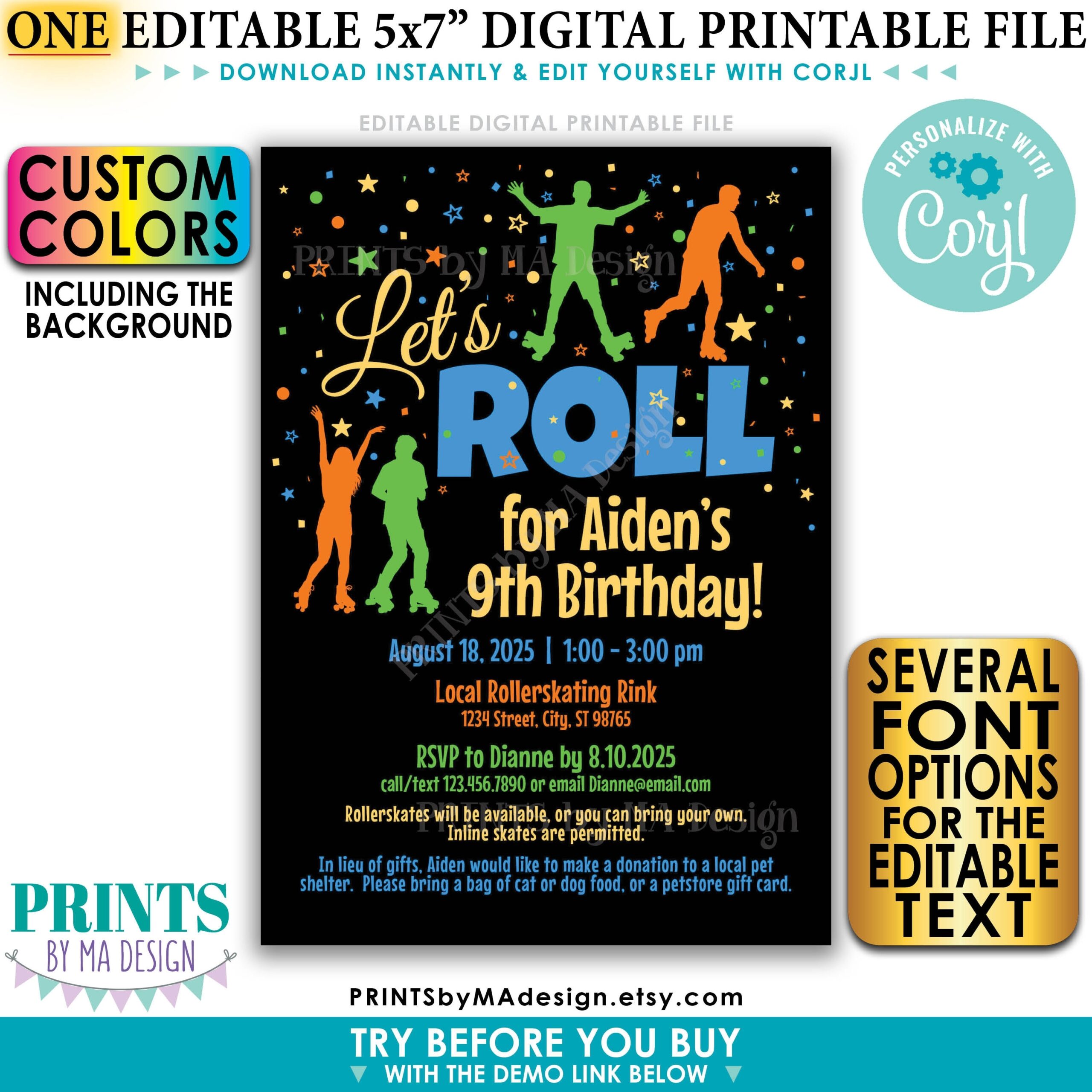 SALE Roller Skating Birthday Invitation Editable Invite Inline Skate Party Custom PRINTABLE 5x7 Digital File