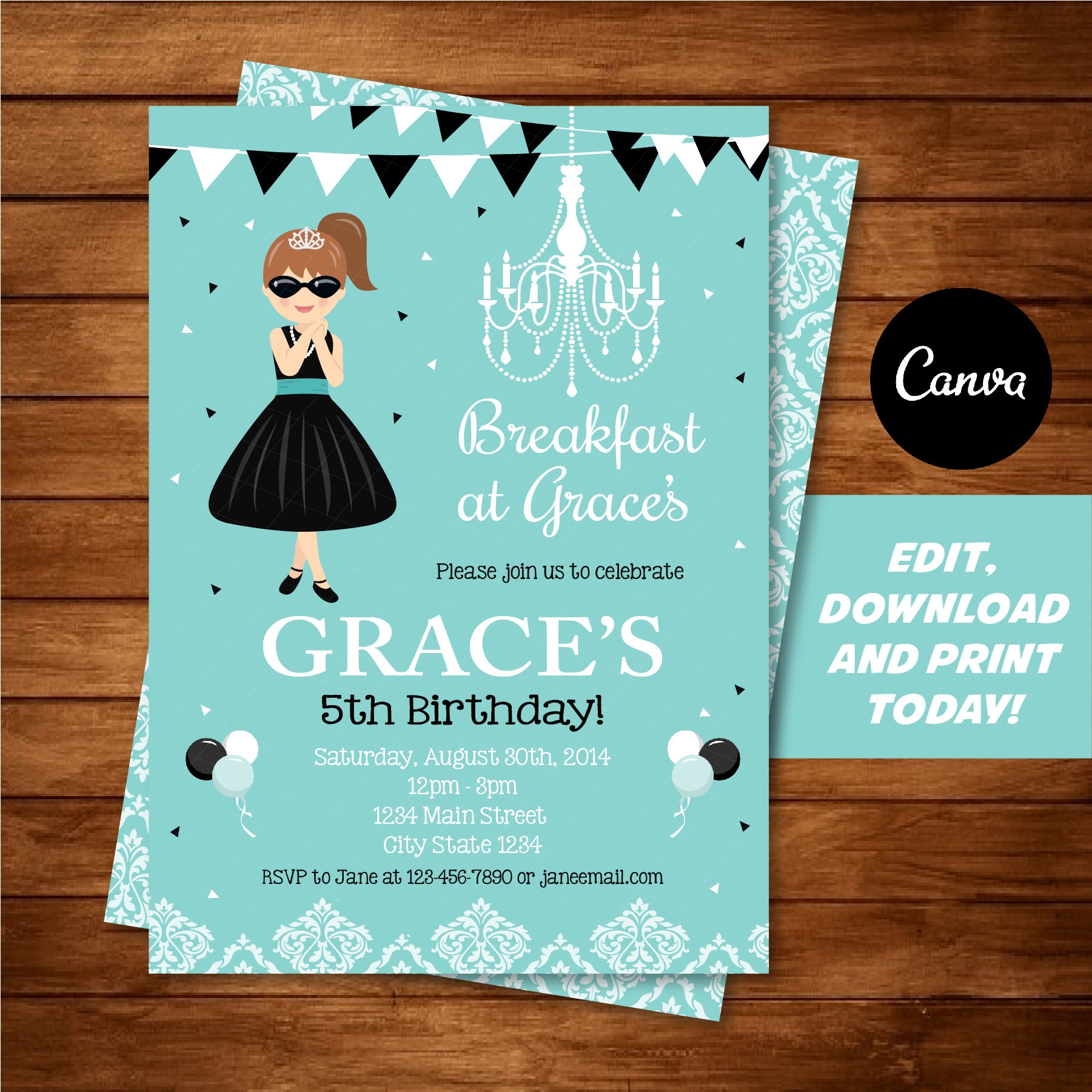 Self Editable Breakfast At Tiffany s Invitation Breakfast At Tiffany s Invite Canva Template INSTANT DOWNLOAD Etsy