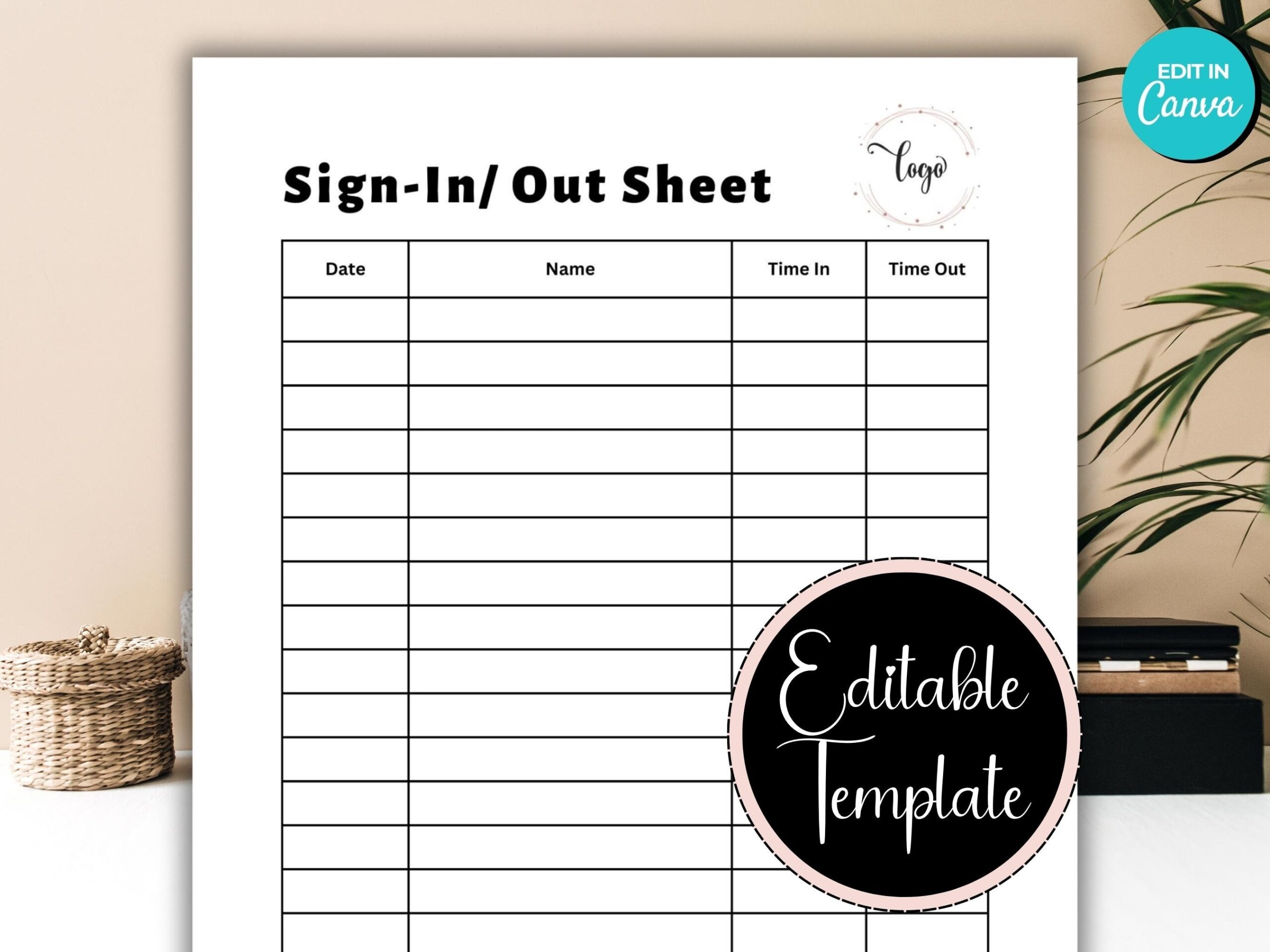 Sign In Sheet With Time Printable Sign In Template For Front Desk Editable Check In And Check Out Form Office Sign In Sheet In out Sheet Etsy