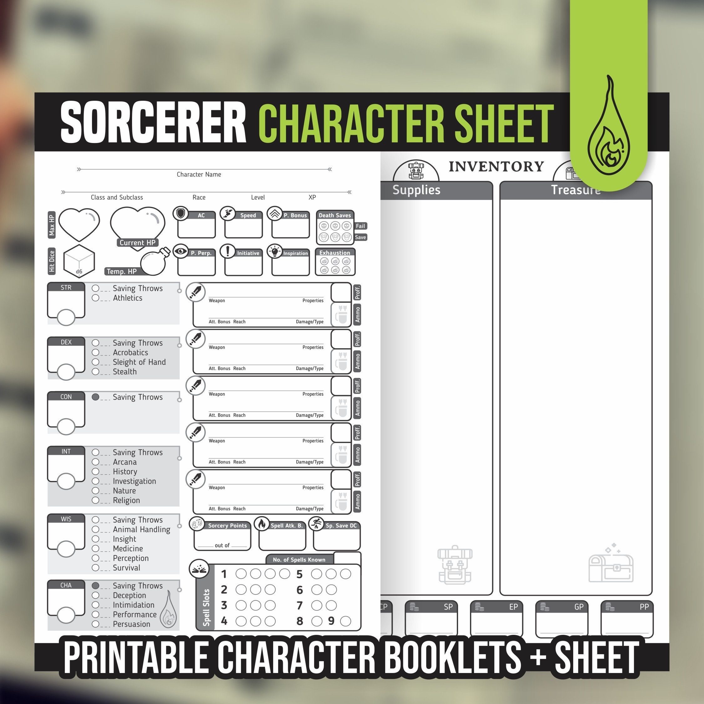 SORCERER CHARACTER SHEET For Dnd 5e Form Fillable Pdf Dungeons And Dragons Printable Character Sheet D D Dnd Character Journal Etsy