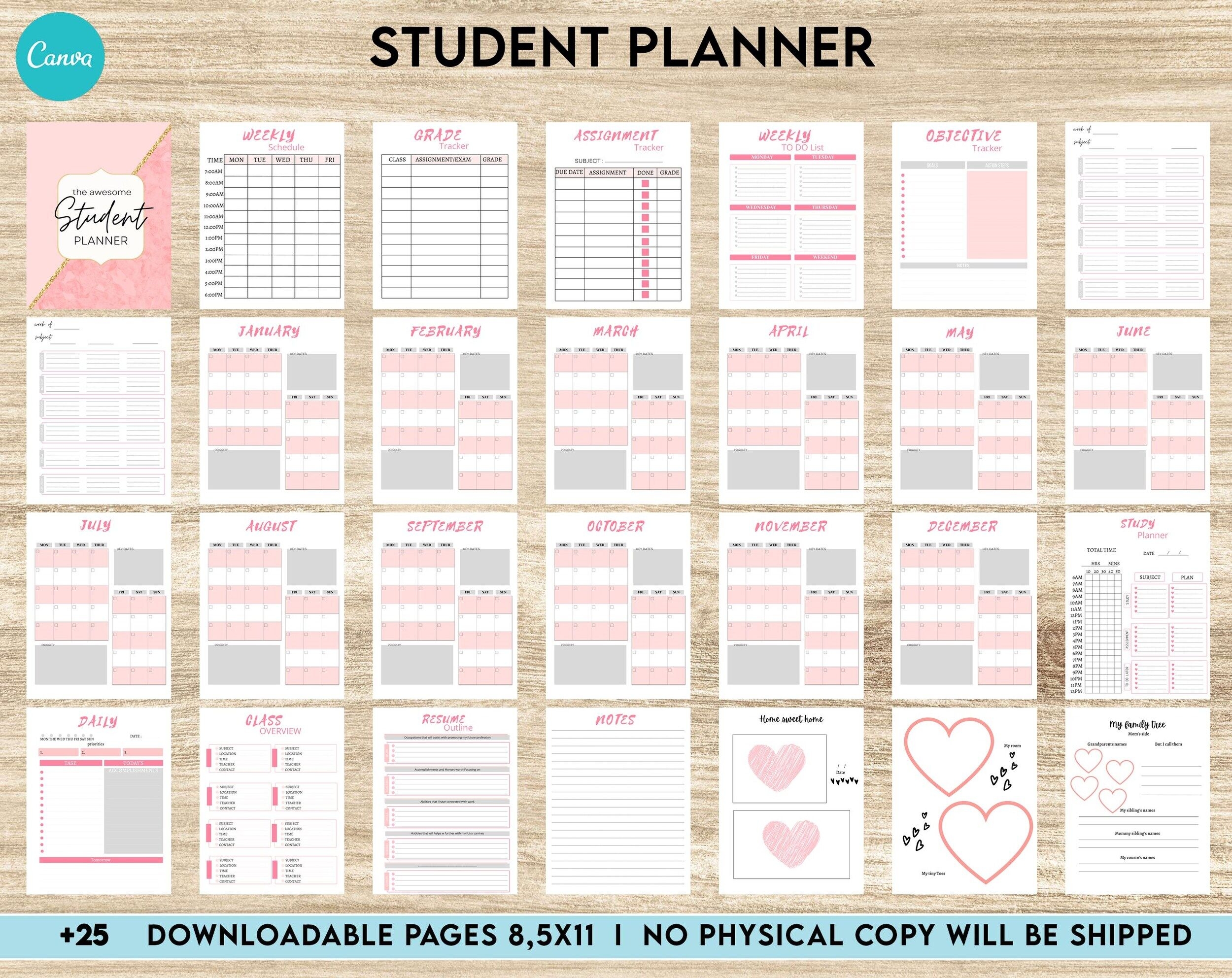 Student Planner Printable Weekly Schedule Grade Tracker Assignment Tracker Study Planner Class Overview Canva Editable Interior Templates Planners Weekly