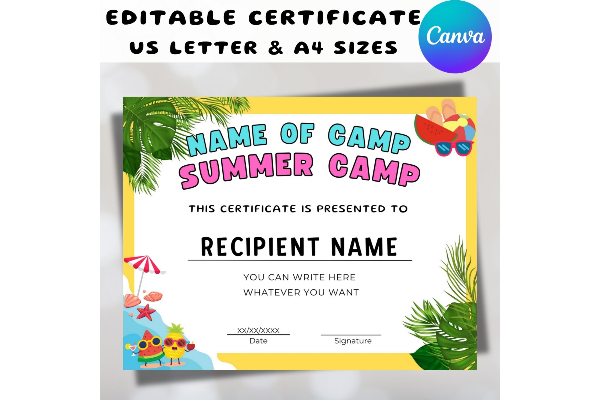 Summer Camp Award Certificate Editable Template Kids Camping