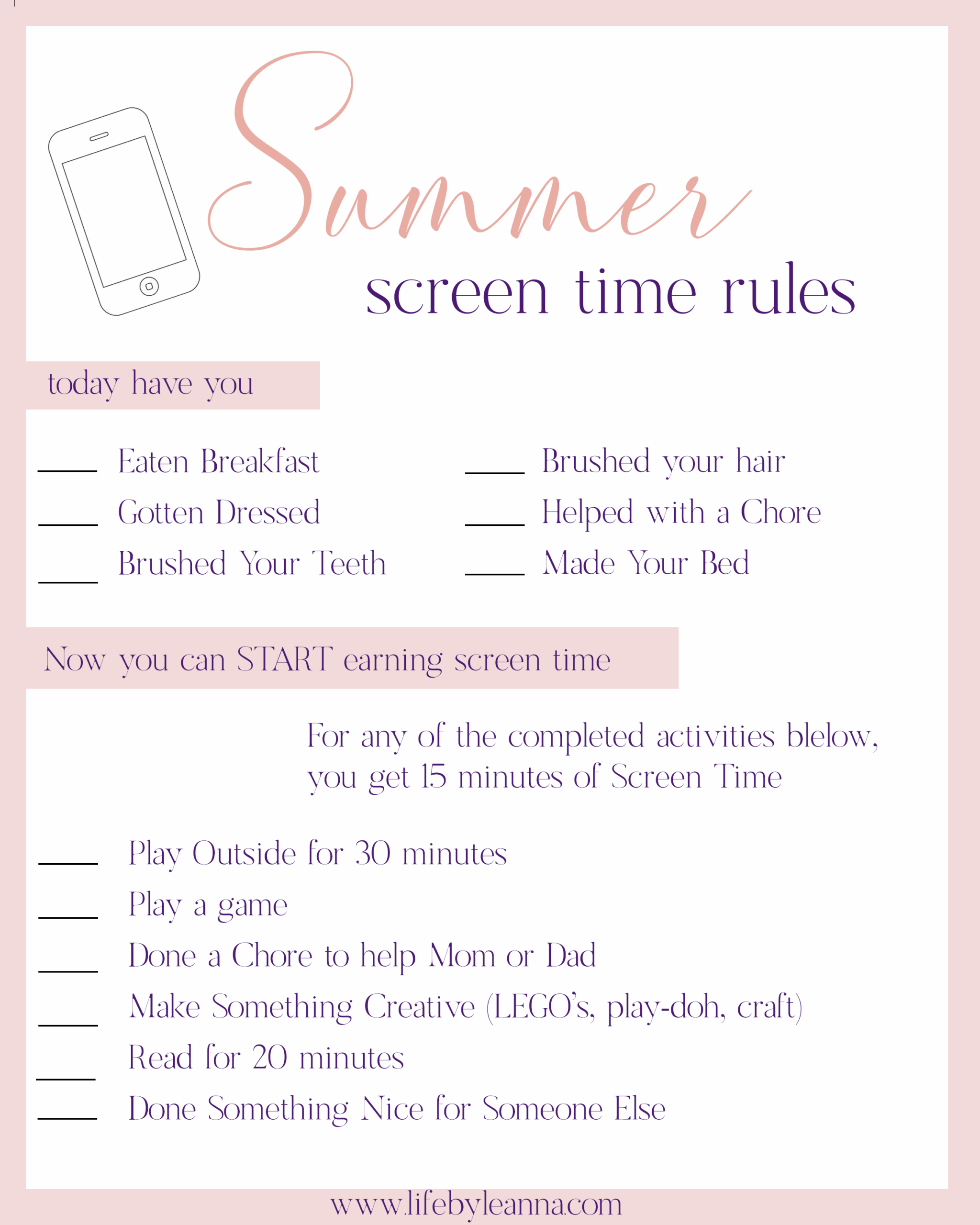 Summer Screen Time Rules Checklist 