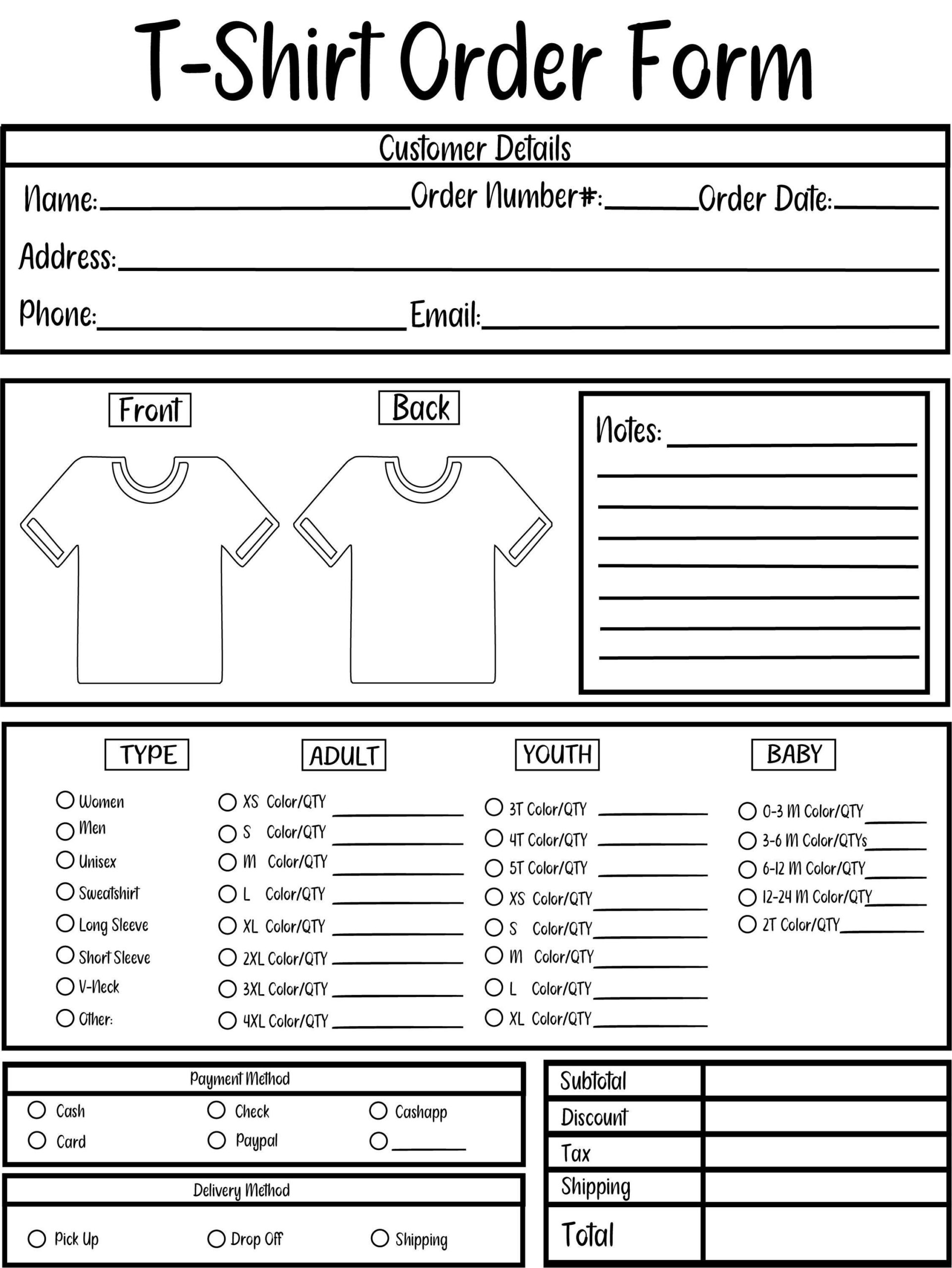 Free Editable Tshirt Order Form Printable