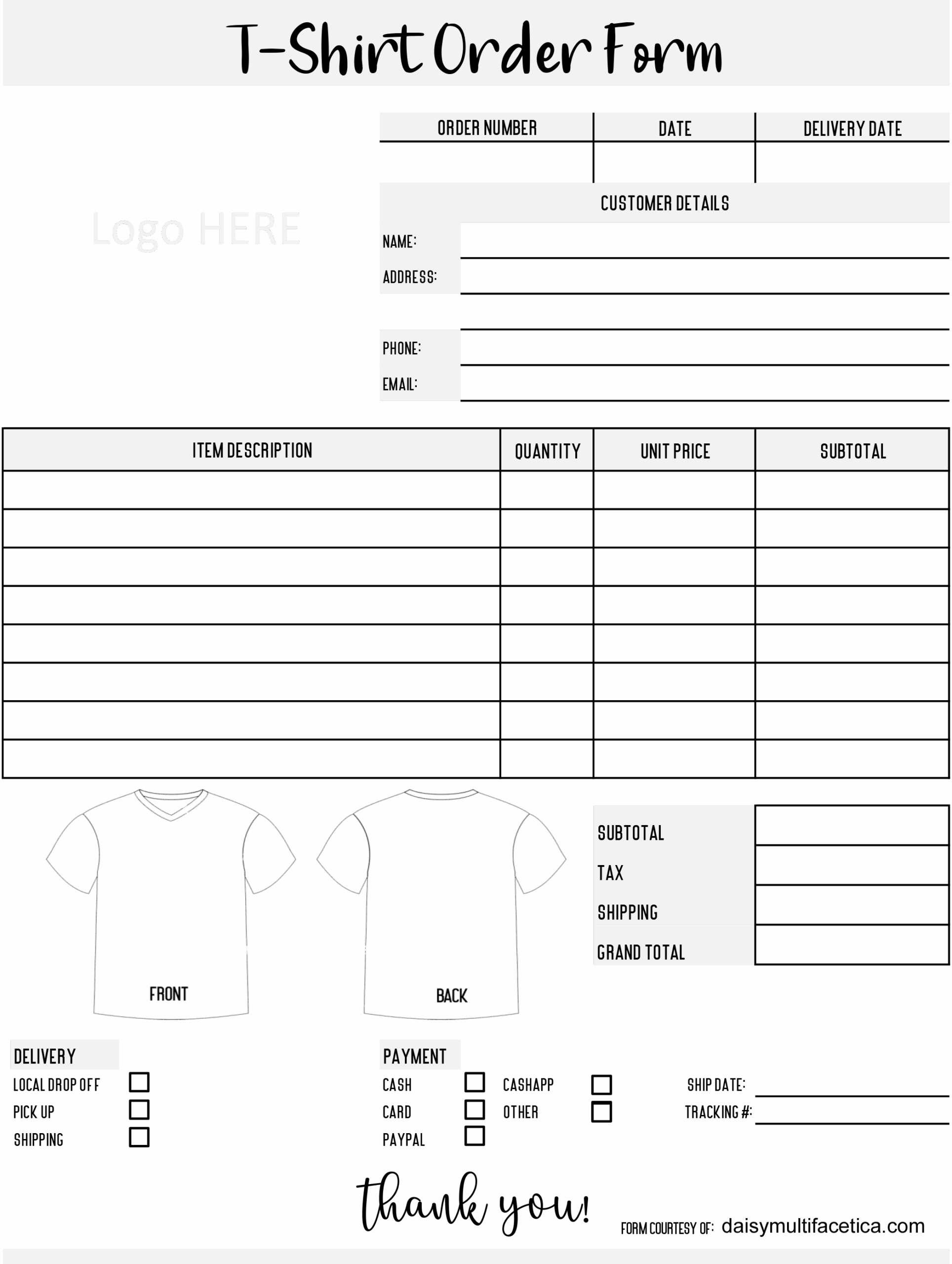 T Shirt Order Template Fillable T shirt Order Form Template Editable Shirt Order Form
