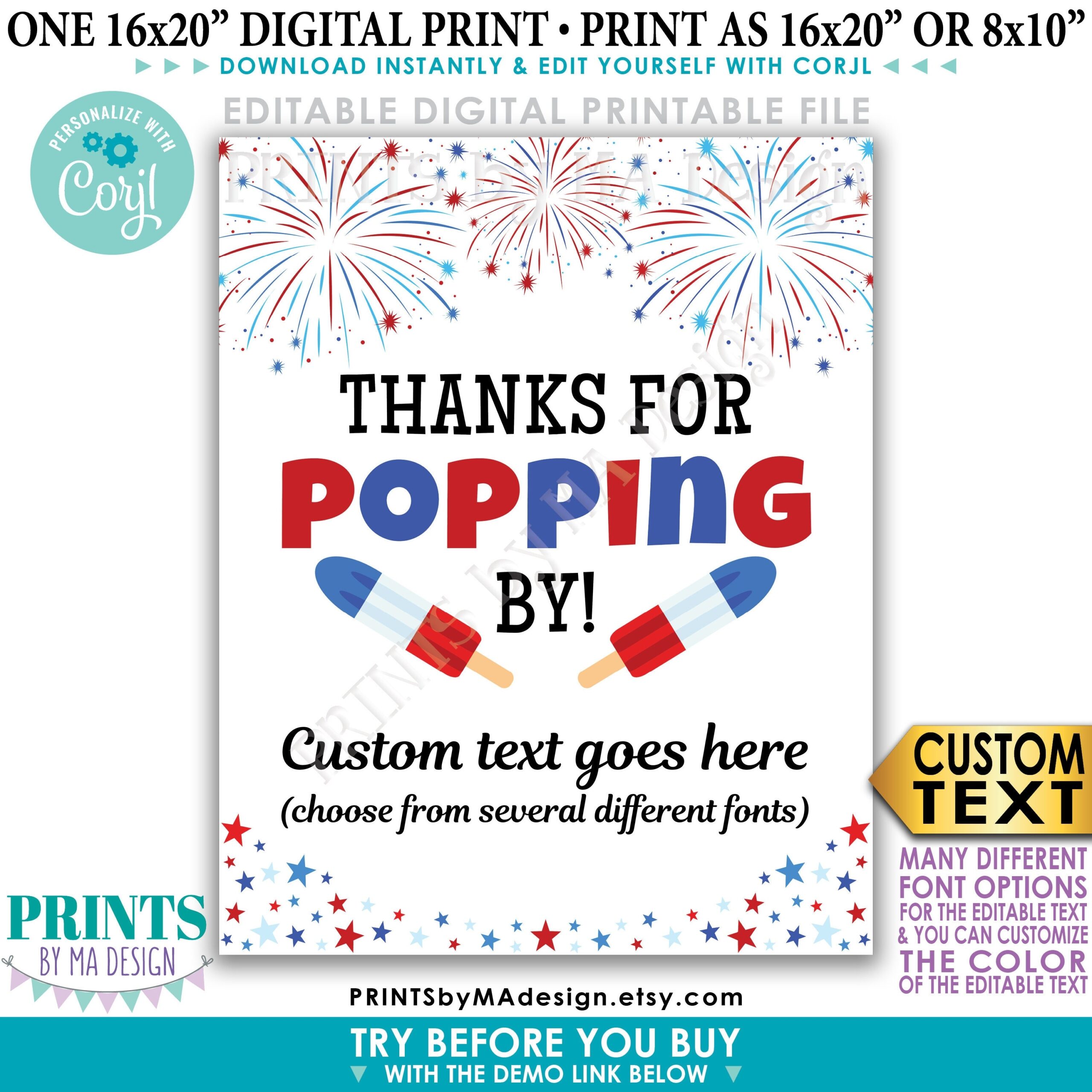 Thanks For Popping By Editable Patriotic Ice Pops Sign 4th Of July Fireworks Memorial Day PRINTABLE 16x20 Sign
