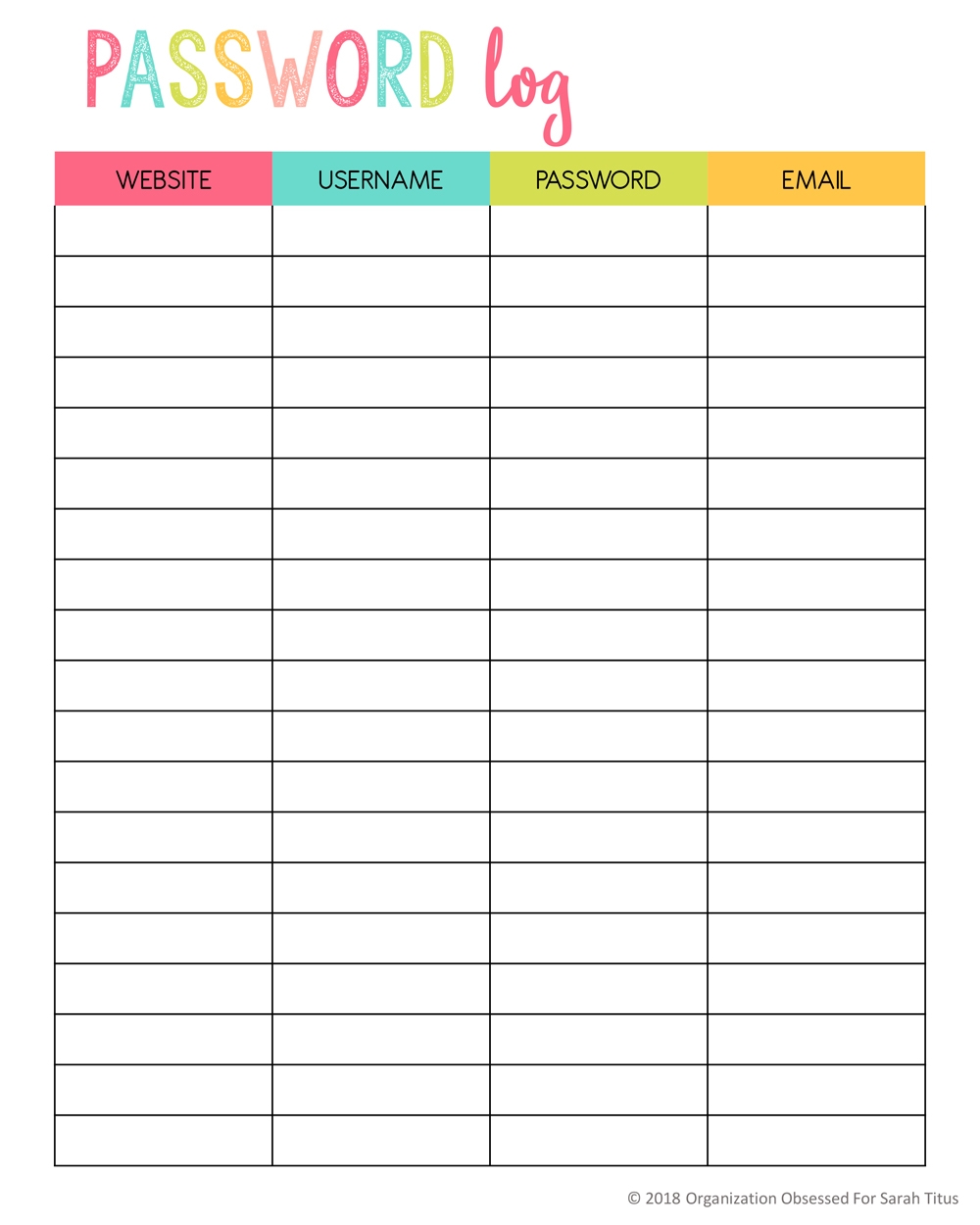 Editable Printable Password Organizer