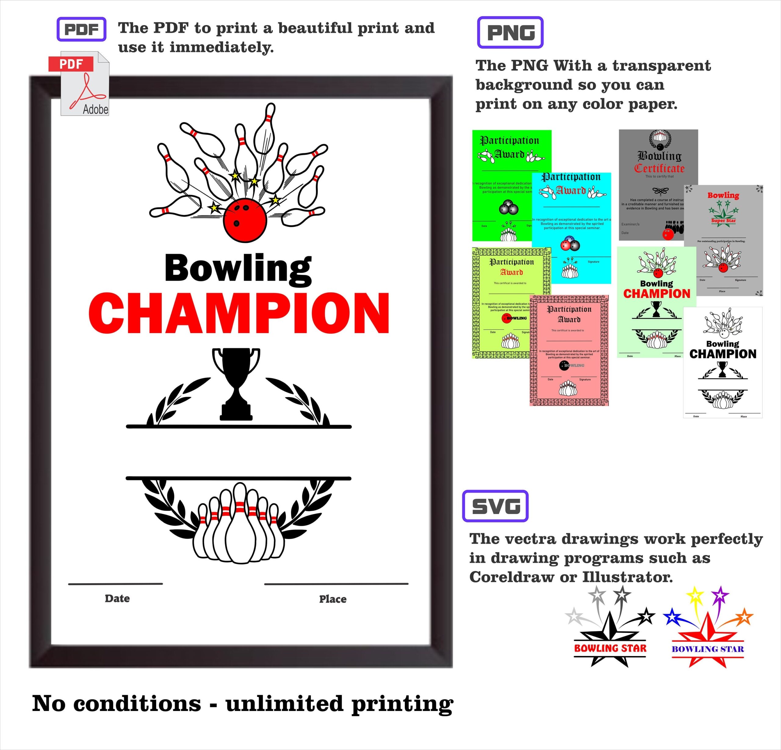 Unique Bowling Certificates As Pdf dxf svg png Files For Direct Printing Or Editing Etsy