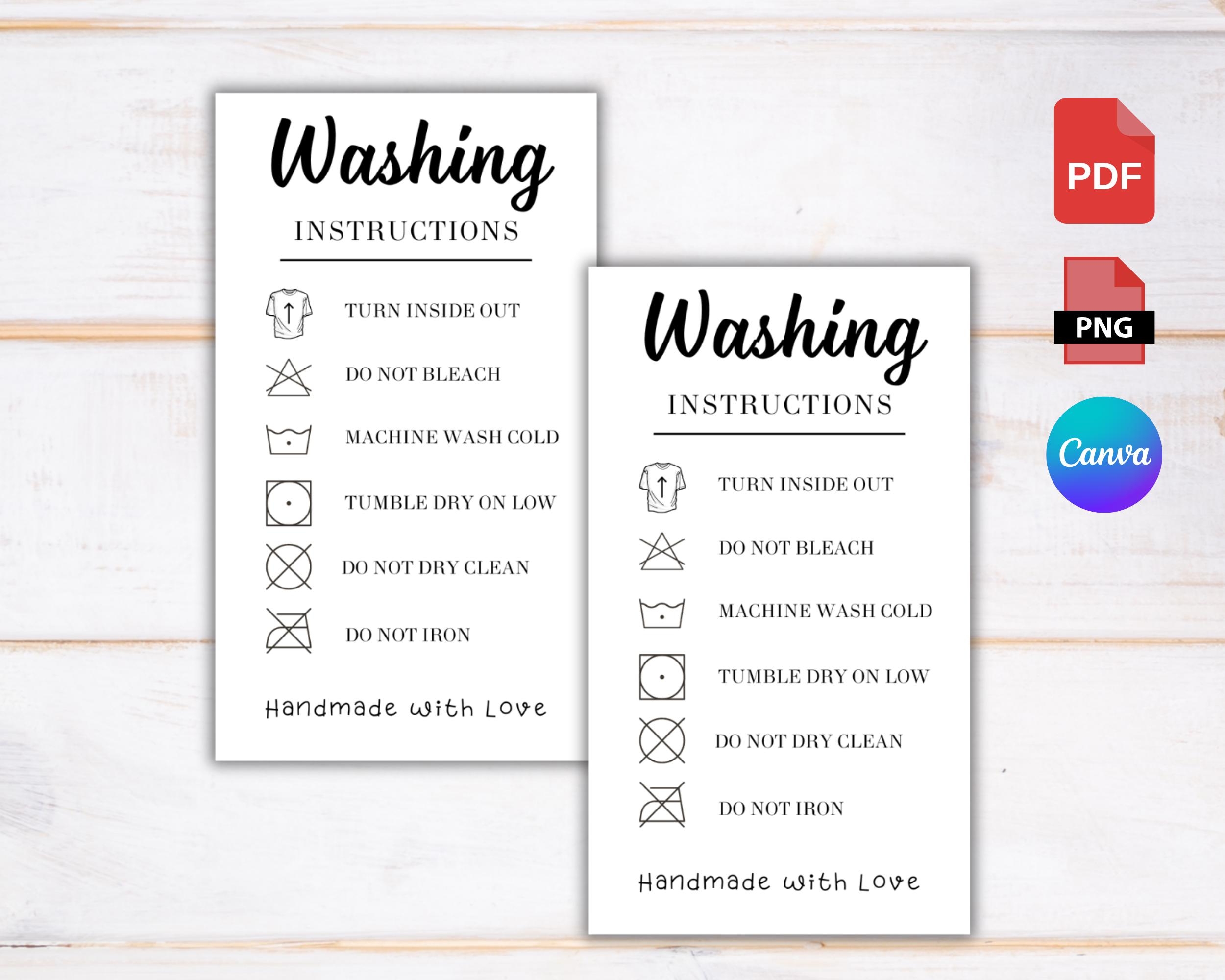 Washing Instruction Cards For Shirts Editable Washing Instruction Template Laundry Symbol Card Clothing Care Instruction Card Printable Laundry Care Card Package Insert Tshirt Washing Instructions Cards
