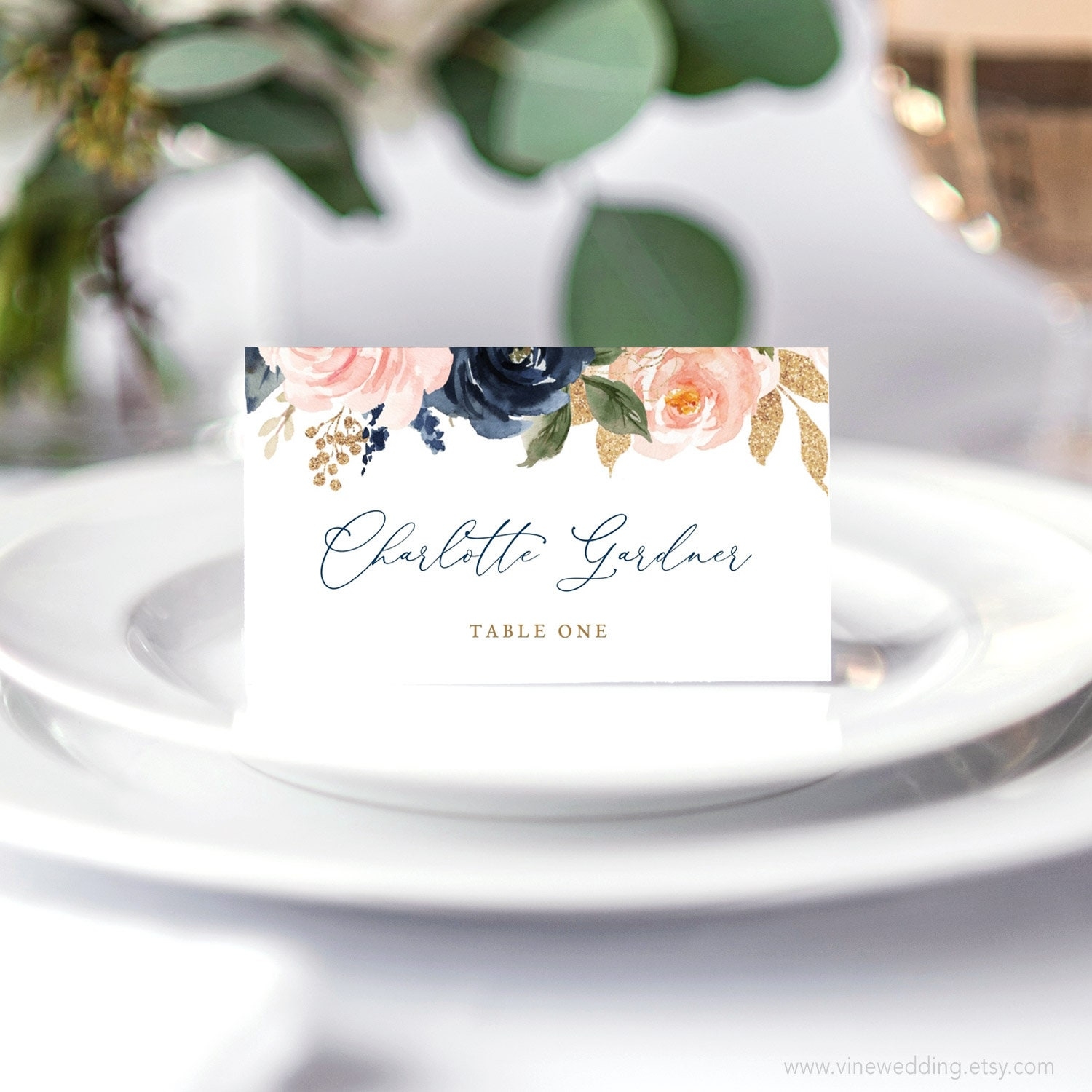 Wedding Place Card And Escort Card Template Editable Wedding Place Card Navy And Blush Pink Floral Blue Gold VWT13 Etsy