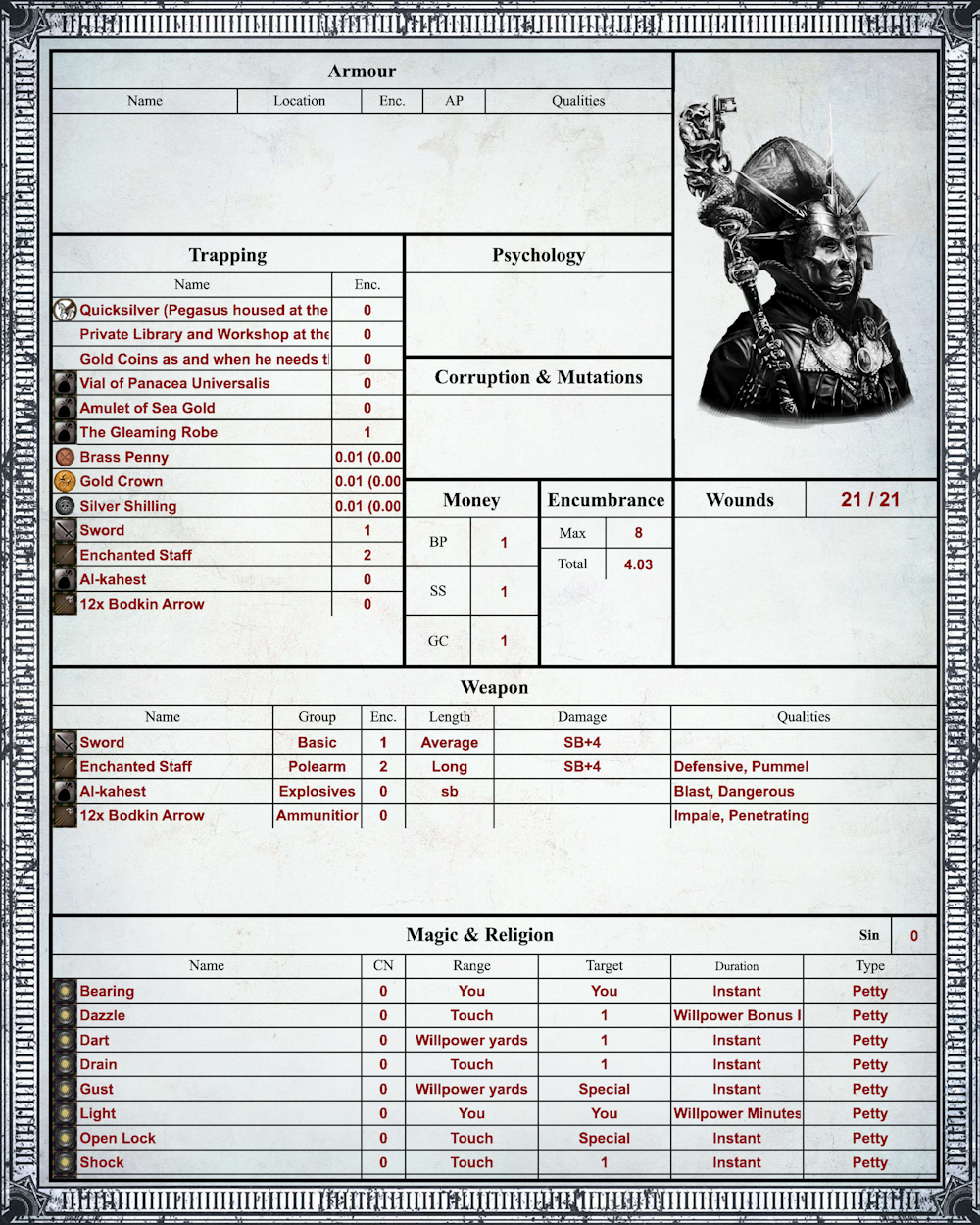 WFRP4e Print Sheet Foundry Virtual Tabletop