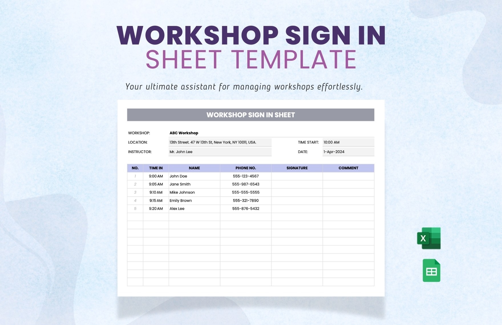 Workshop Sign In Sheet Template In Excel Google Sheets Download Template